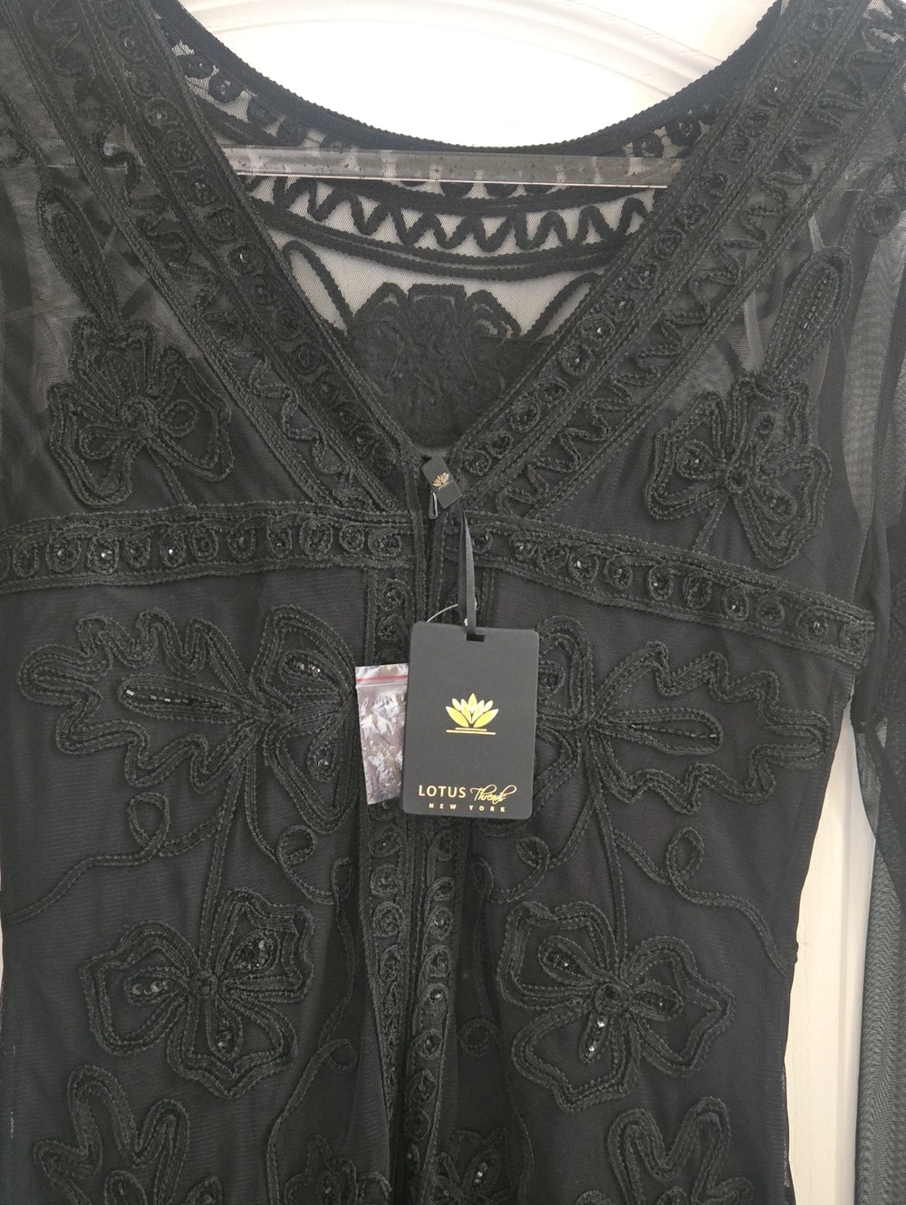Lotus Black Embroidered Midi Dress with V-Neck